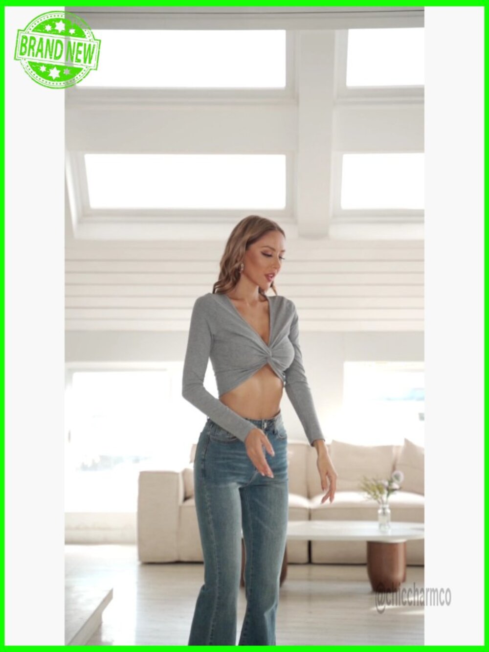 Long Sleeve Twist Front Crop Top Ribbed V Neck Going Out Shirt - Picture 7 of 7